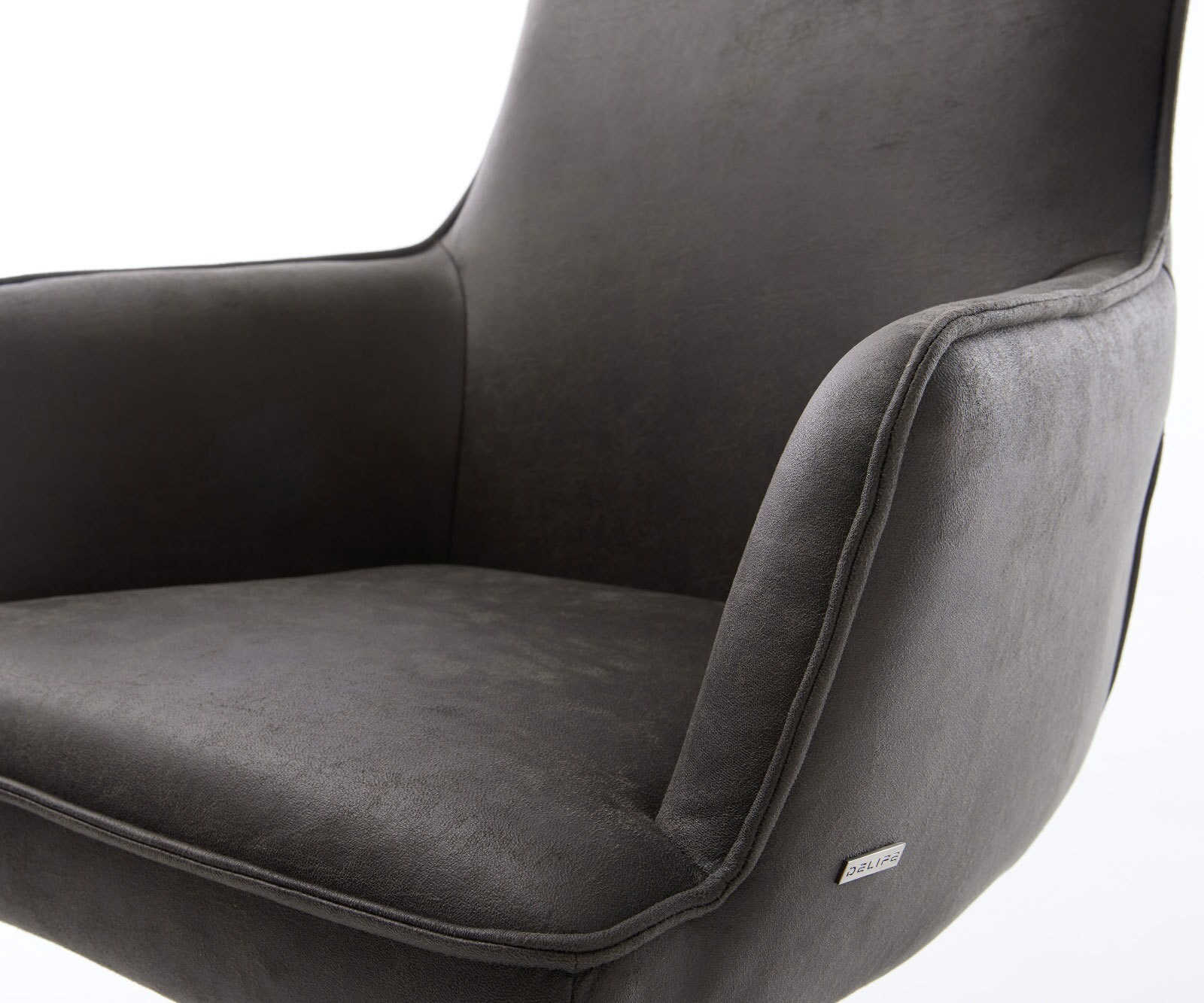 Chaise-pivotante Heira-Flex avec accoudoirs microvelours anthracite vintage pied croisé conique acier inoxydable brossé pivotement sur 180° ressorts ensachés 3